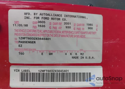 1999 Mercury Cougar I4 from USA, damaged, VIN 1ZWFT6032X5645401